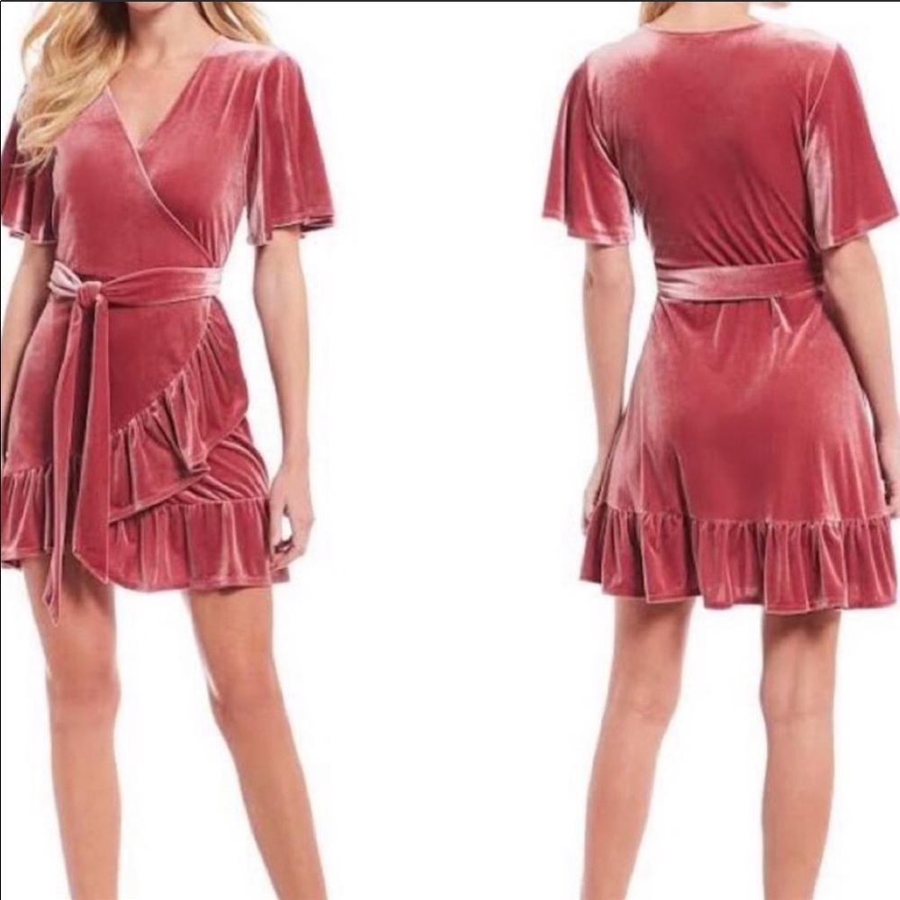 Pink Velvet Ruffle Flutter Wrap Dress - Picture 3 of 6